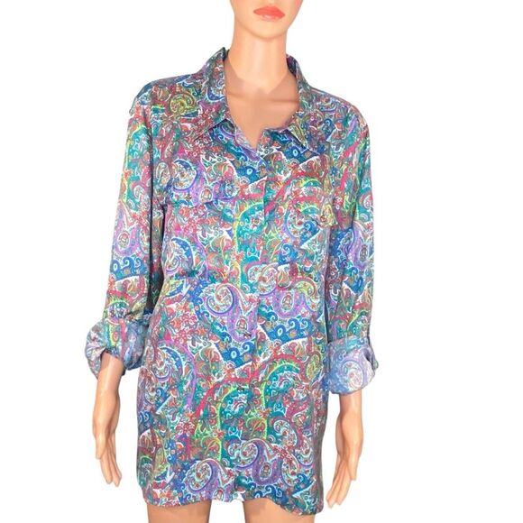 Tommy Hilfiger Paisley Print Button-Up Blouse Womens Size XL 3-4 Sleeve Tabs - Picture 1 of 5
